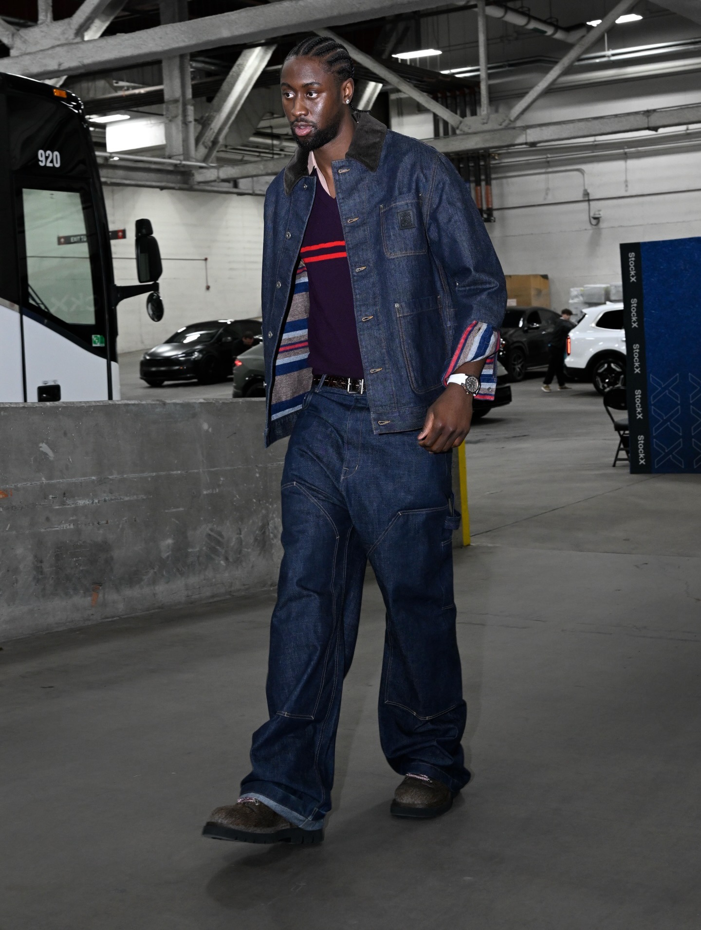 Caris LeVert wearing LOEWE Jacket in denim and Rick Owens Indigo Concordians Strobe Double Knee Jeans.