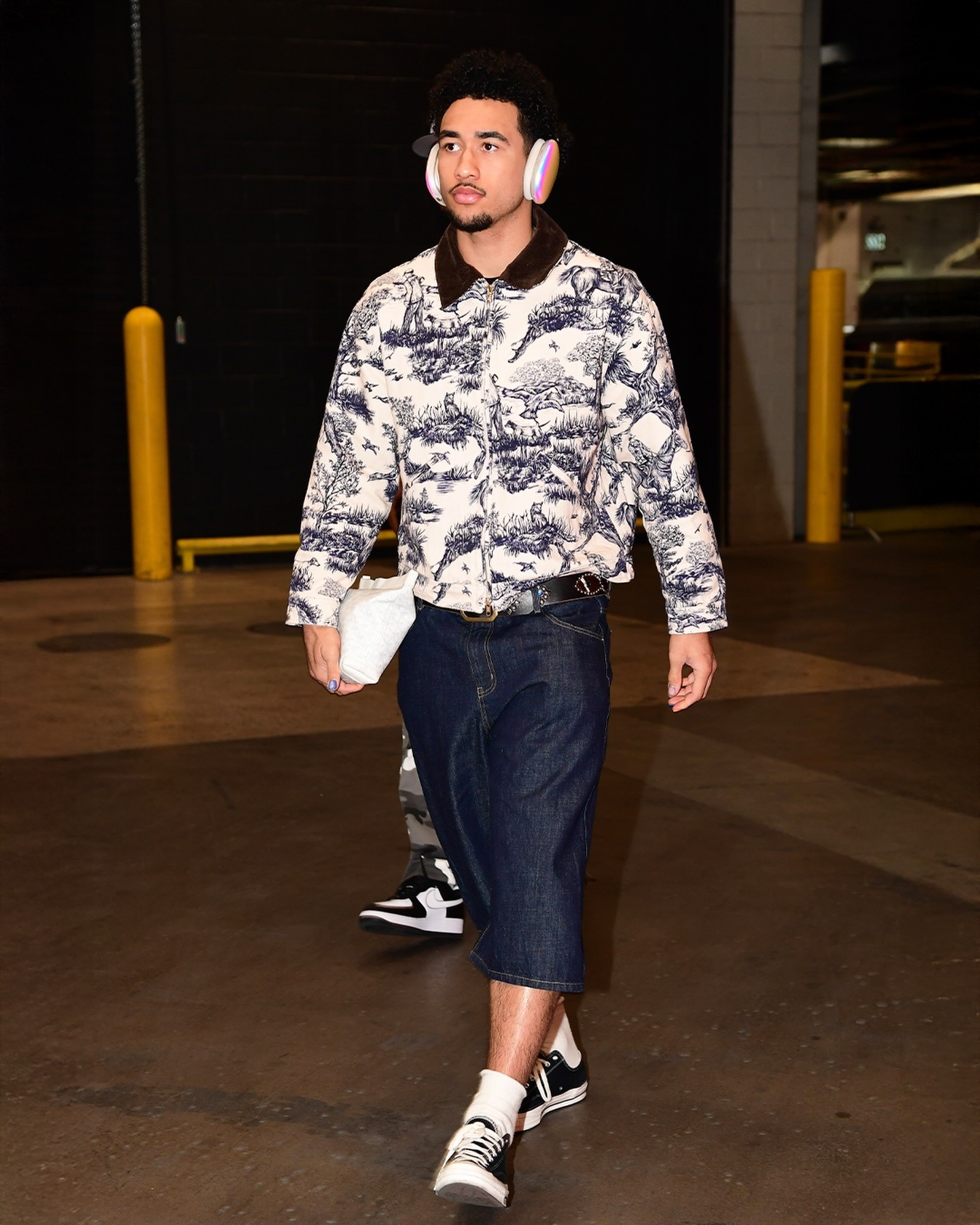 Jared McCain wearing Sweet Hat Company SWEET EQUESTRIAN TOILE JACKET, mnml Raw Ultra Baggy Denim Shorts and Converse Converse All Star ’70s Unisex.