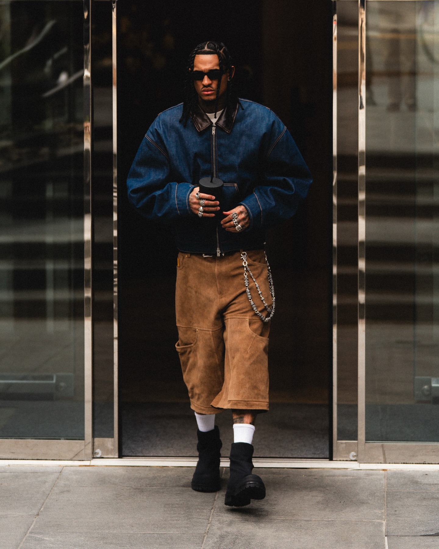Jordan Clarkson wearing Denim bomber jacket, Suede Leather Workwear Shorts and 424 MARATHON BOOT.