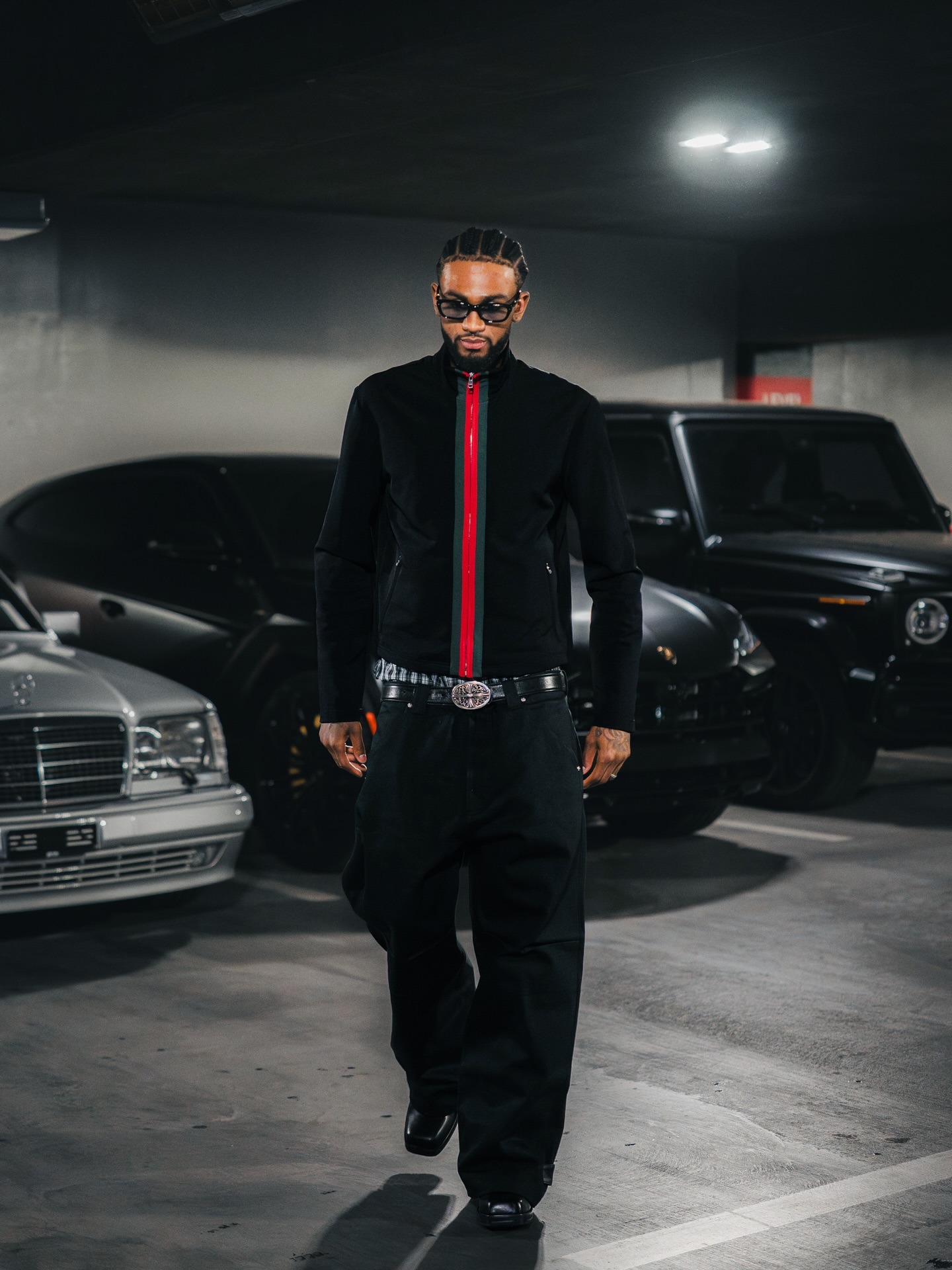 Nickeil Alexander Walker wearing Gucci Stretch Nylon Zip Jacket With Web Intarsia – Black, Rick Owens Rick Owens Black Porterville Geth Jeans and.