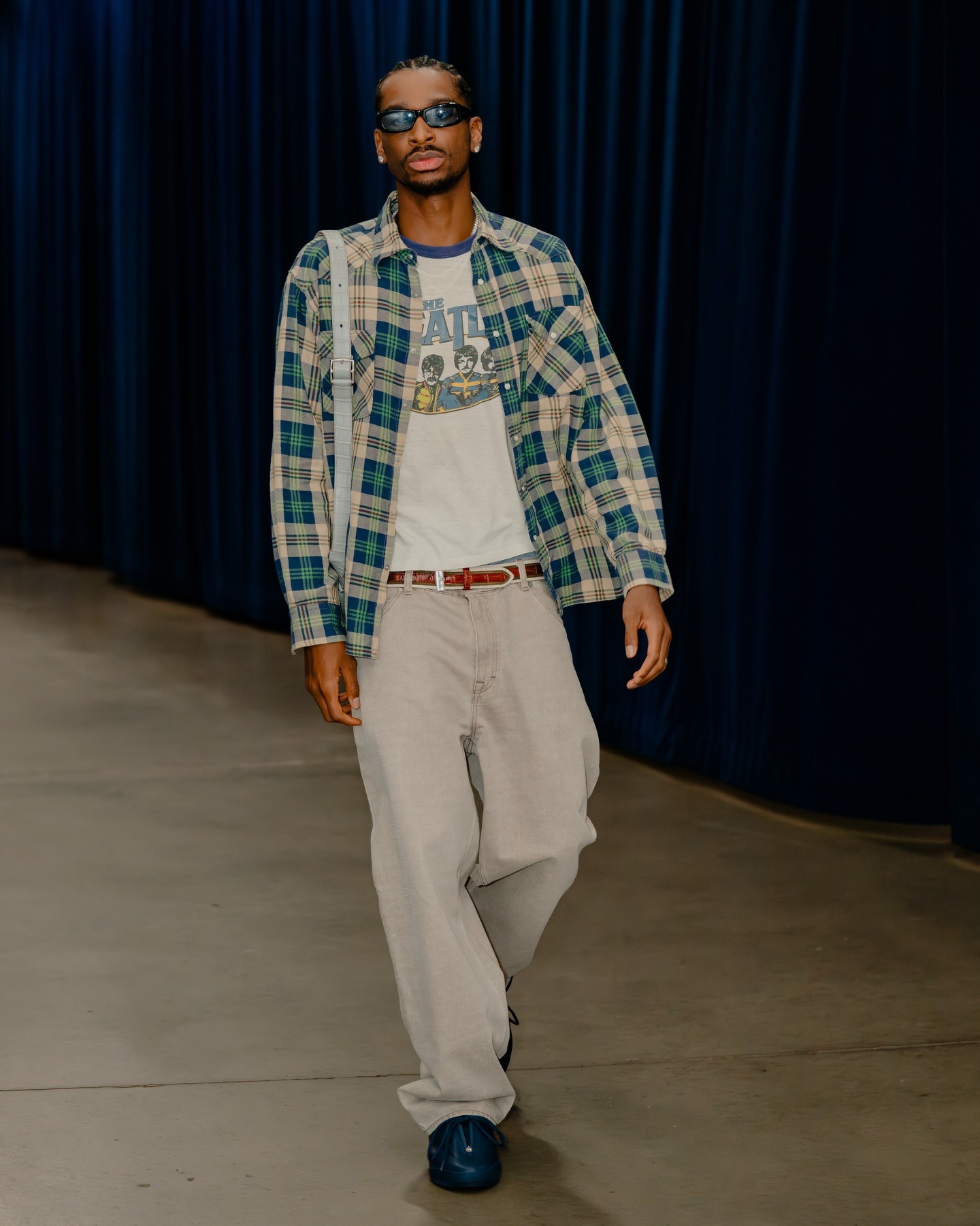 Shai Gilgeous Alexander wearing KAPITAL Columbia checked cotton-flannel western shirt, Carhartt WIP Carhartt WIP Landon Pants Light Gray and Maison Margiela.