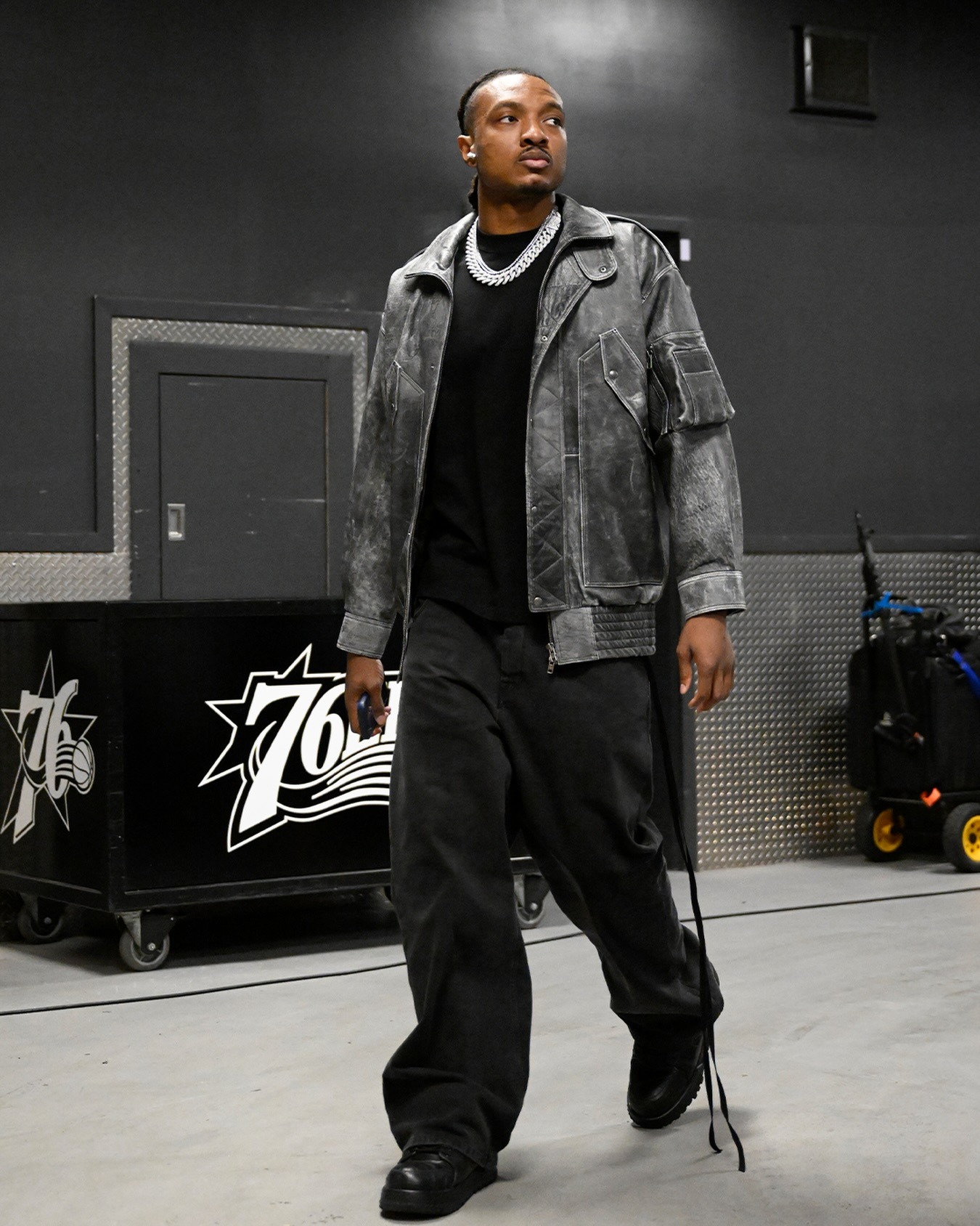 Wendell Carter Jr wearing Vaquera.nyc OVERSIZED FLIGHT JACKET and Good For Nothing Vintage Wash Black Baggy Denim Jeans.