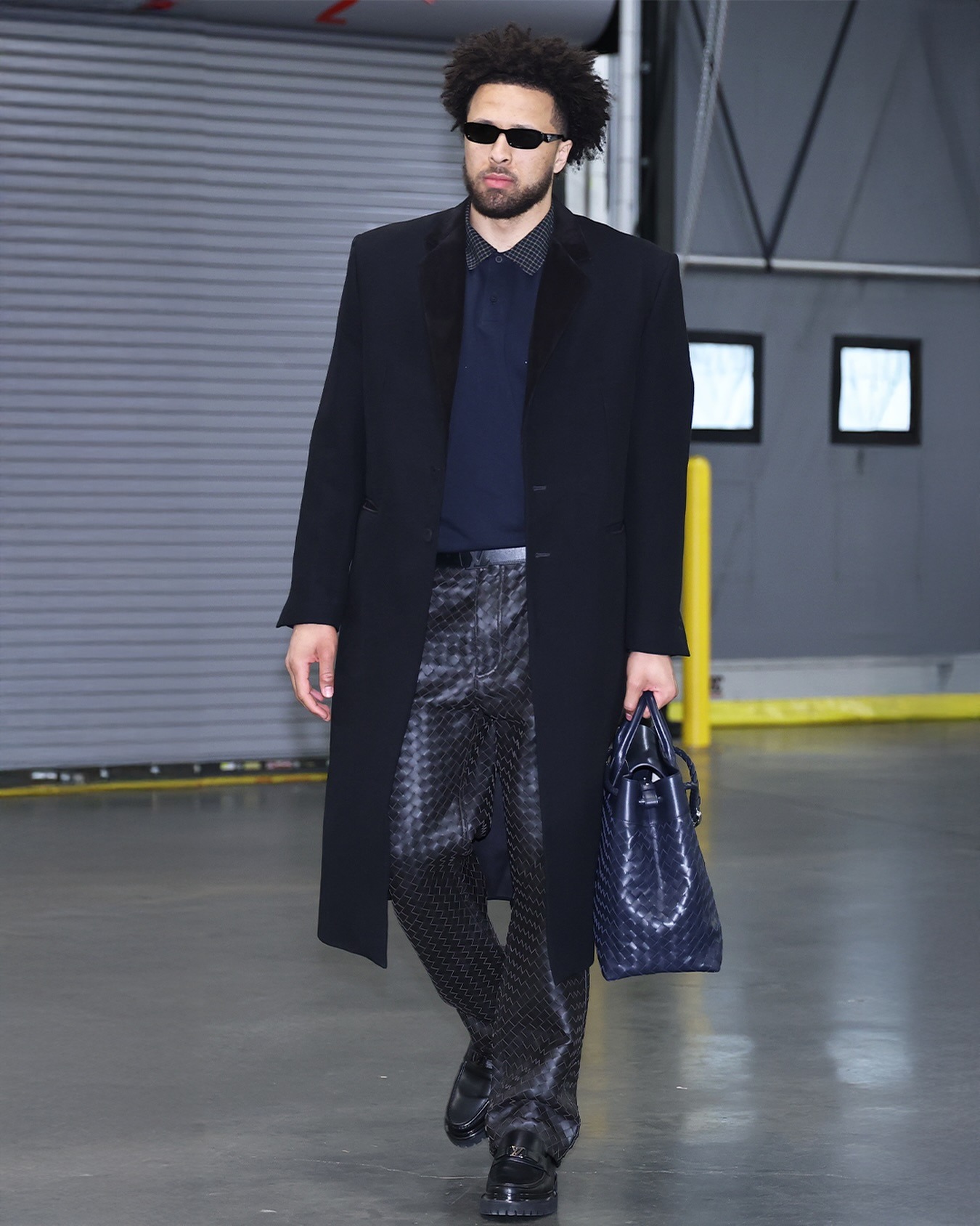 Cade Cunningham wearing Louis Vuitton LV Aerogram 35mm Belt, Bottega Veneta Men’s Intrecciato Leather And Suede Straight Pants in Fondant/tobacco and.