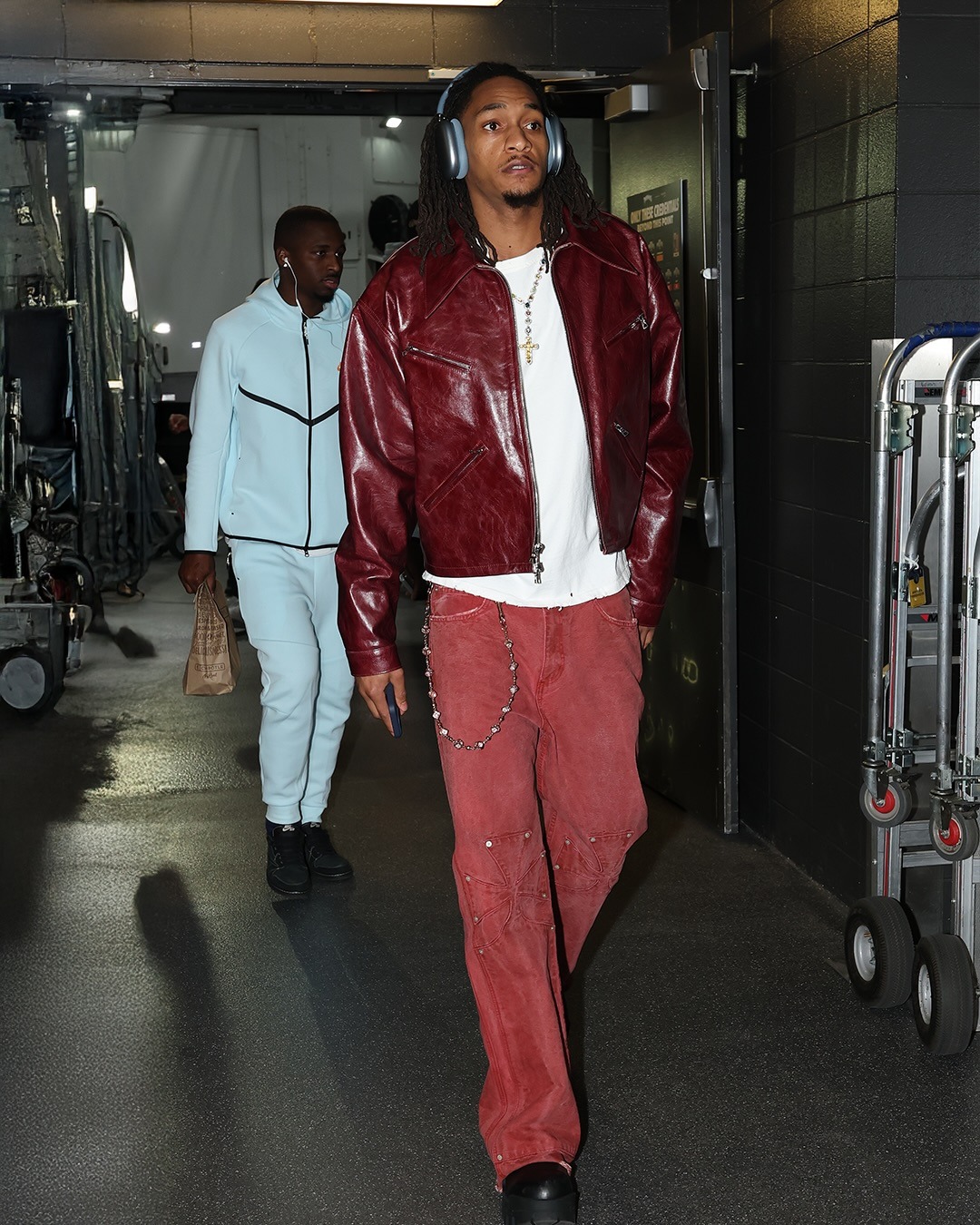 Devin Vassell wearing Sekrit Leather X Jacket and Sekrit SAINTS CHOPPER CARPENTER PANT DIRTY RED.