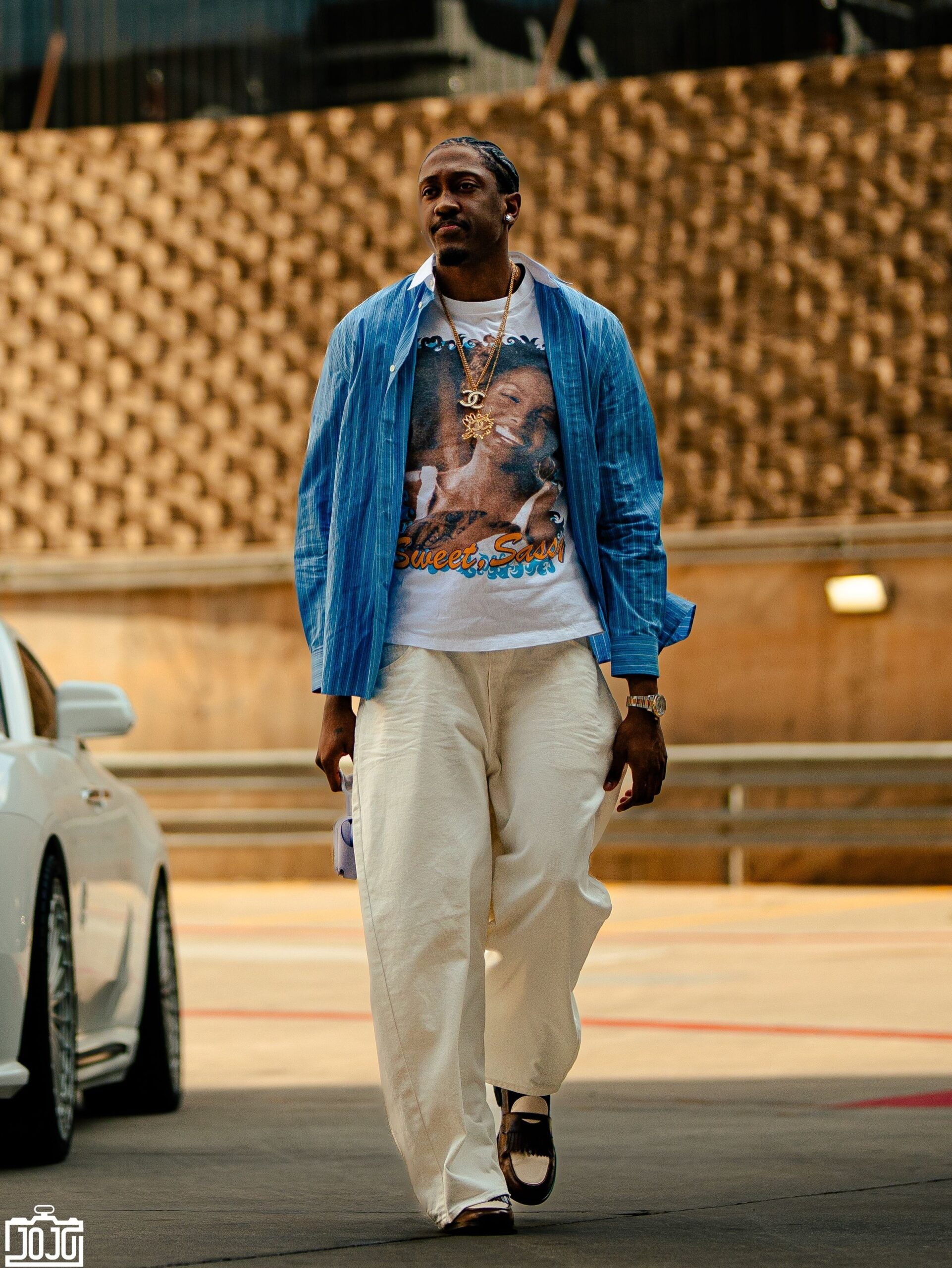 Jalen Williams wearing Acne Studios Roffia Stripe Overisze Button-Up Shirt, Janet Jackson Janet Jackson White Sketch T-Shirt and Marc Nolan Clint Brown/White.