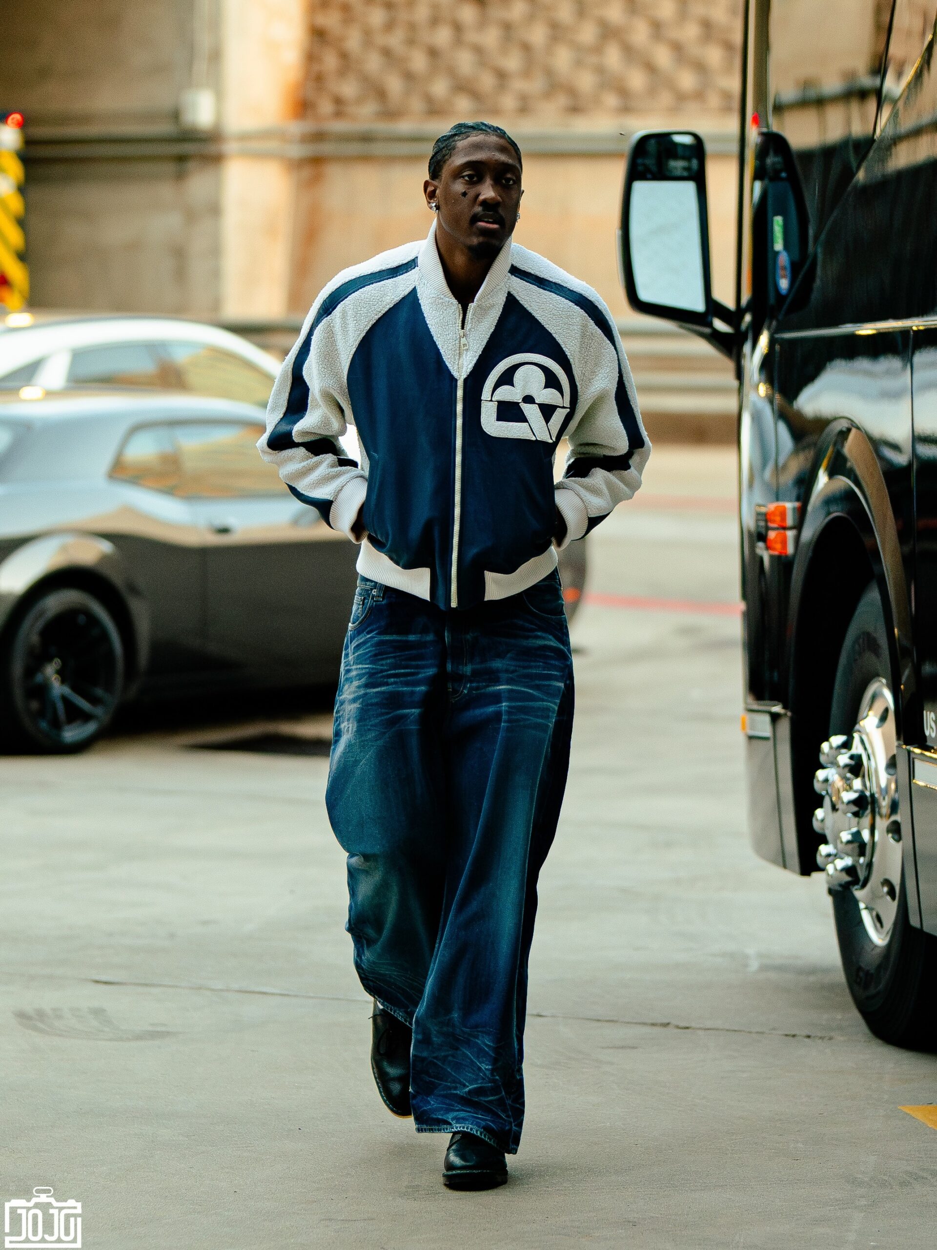 Jalen Williams wearing Louis Vuitton Louis Vuitton Blue Floral Letter Pattern Jacket-yf and Acne Studios Loose fit jeans – 1981.