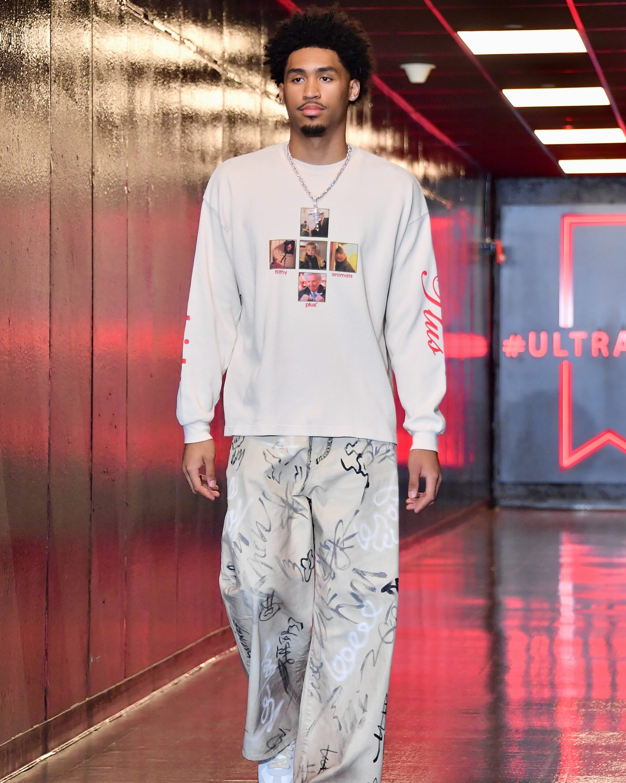 Dylan Harper wearing PLUS NYC Go outside thermal, Balenciaga Graffiti baggy pants and Maison Margiela Replica sneakers white.