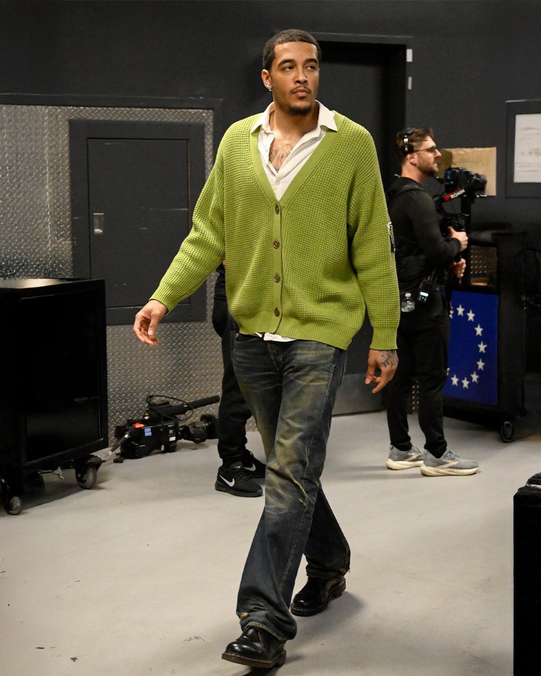 Jeremy Sochan wearing Chrome Hearts Chrome Hearts HIT & RUN CARDIGAN Cross Patch Cashmere, Ralph Lauren Slim low-rise jeans blue and Dr. Martens 1460 Bex.