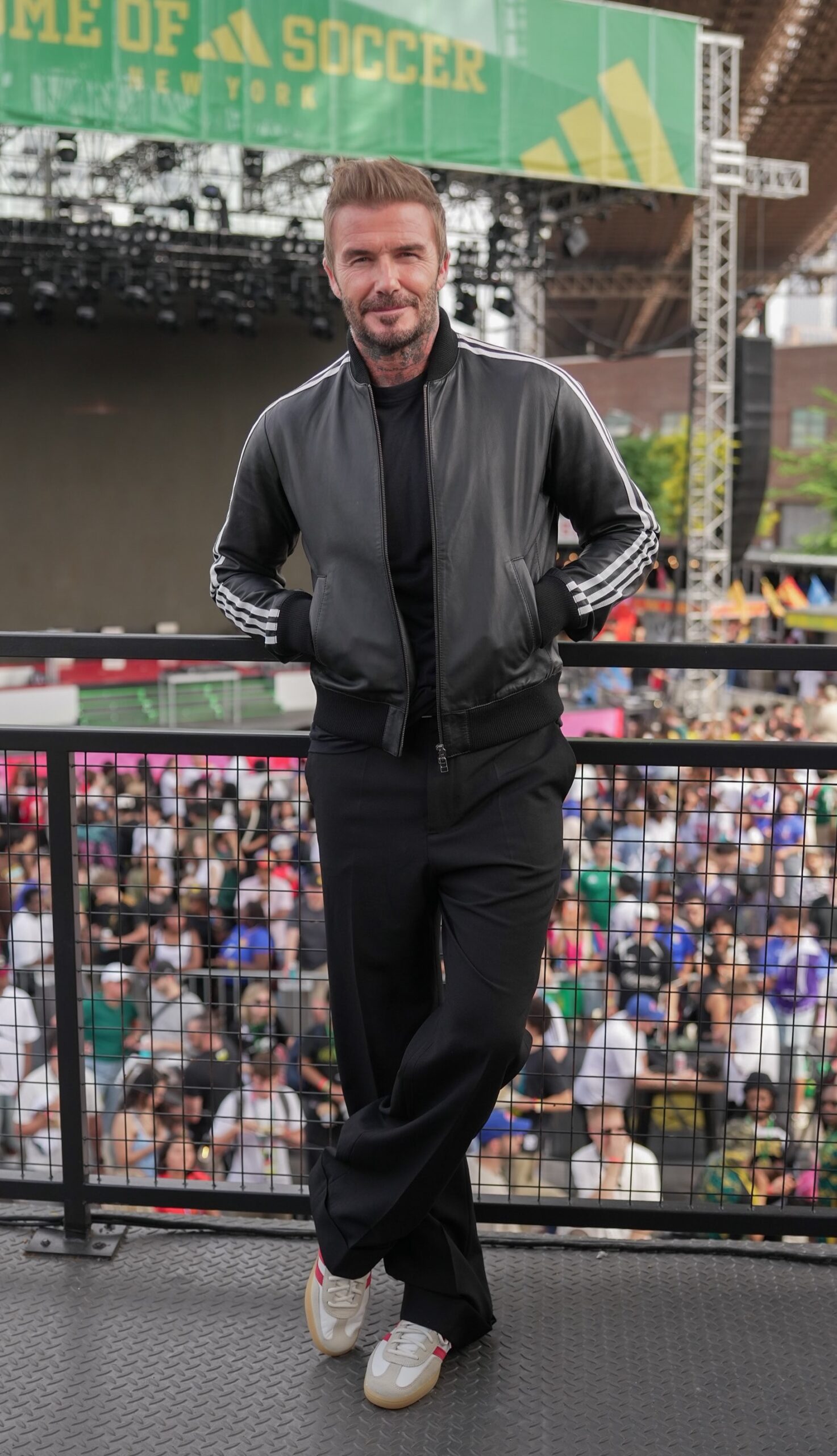 David Beckham wearing Adidas Adidas Consortium x Pharrell Williams Leather Track Jacket – Black, Boss Tapered-fit trousers in stretch cotton –.