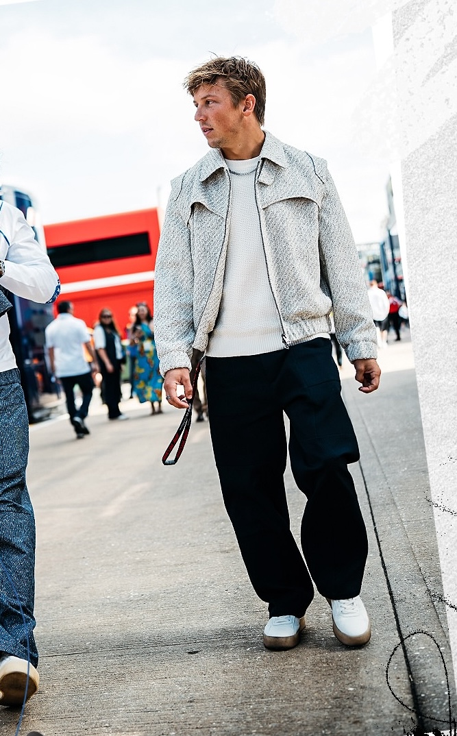 Liam Lawson wearing F1 Authentics The silverstone auction – liam lawson custom hugo x vcarb outfit by oliver kearney, Hugo Relaxed-fit trousers with.