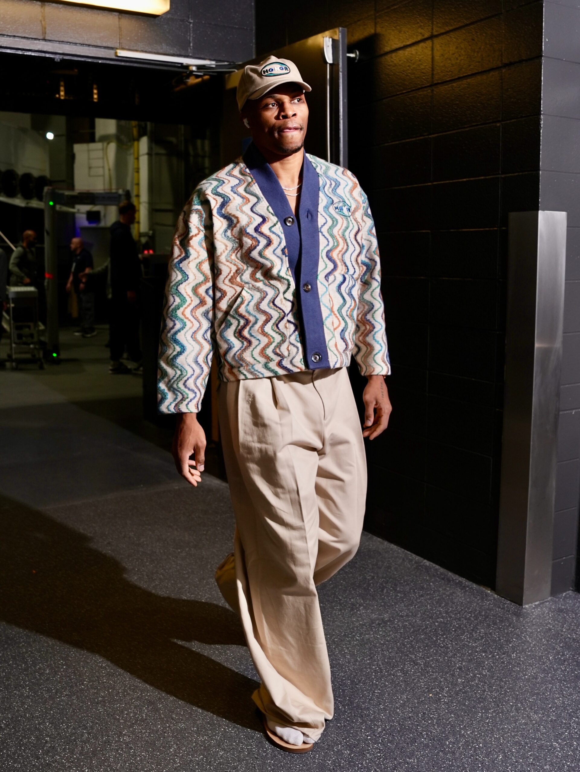Russell Westbrook wearing Honor The Gift Honor The Gift Trucker Cap ‘Stone’, Honor The Gift Mens honor the gift muse crop cardigan and Jacquemus.