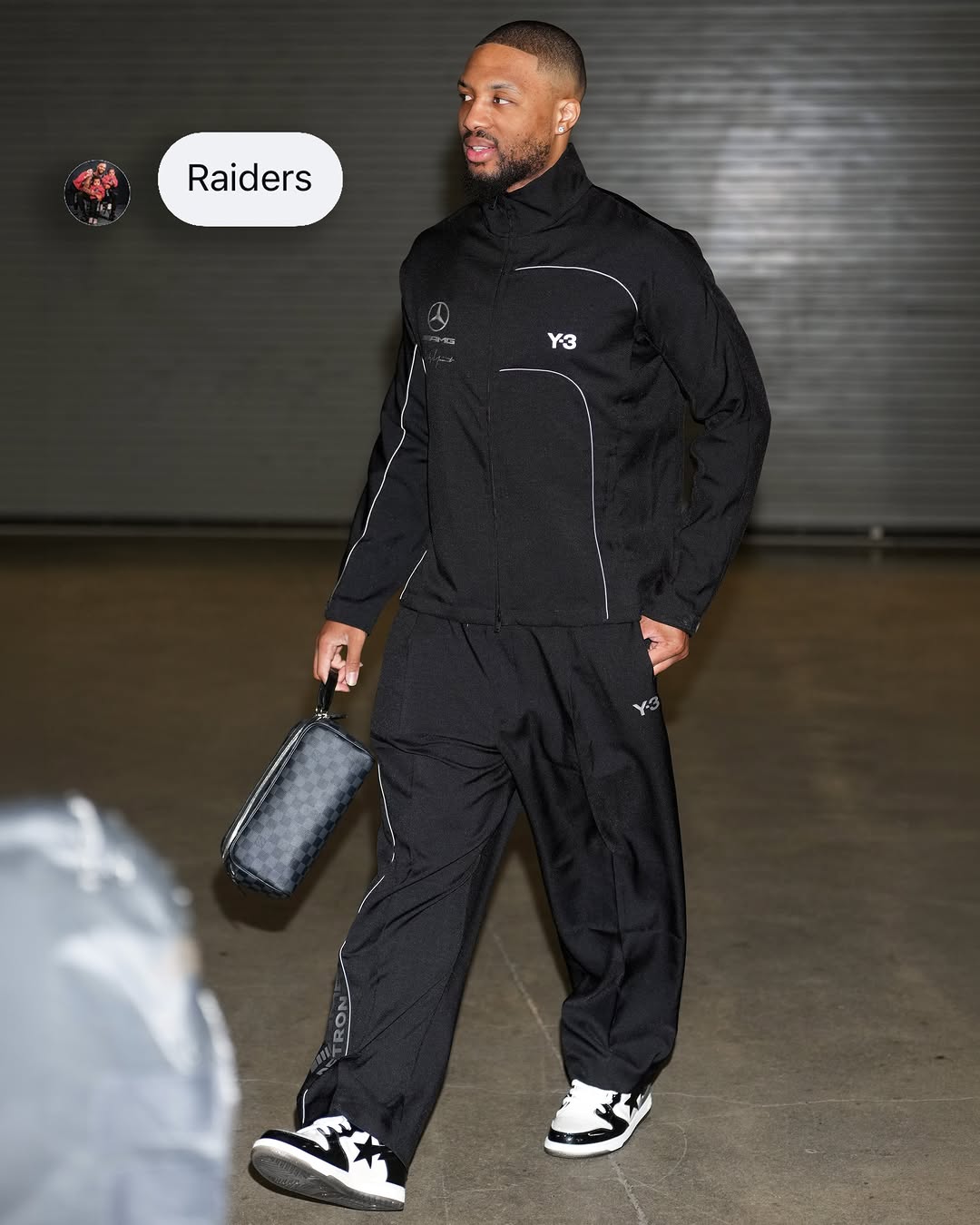 Damian Lillard wearing Adidas Adidas x y-3 mercedes team track jacket black, Adidas Y-3 mercedes track pants black and Bape Sk8 sta bold #1 mens black.