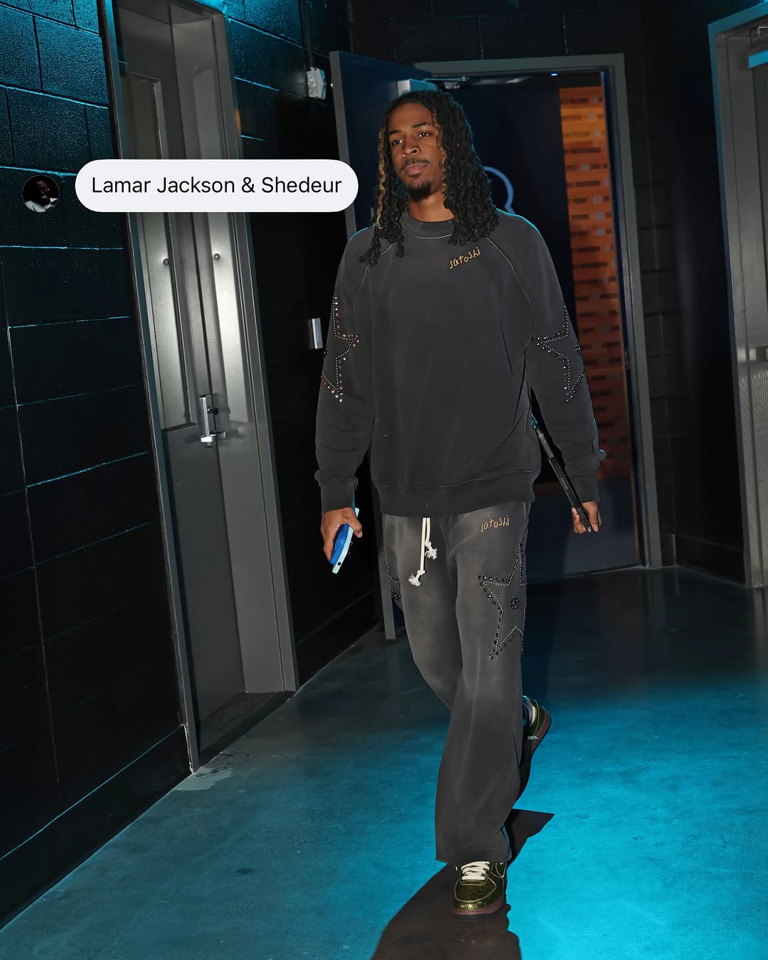 Ja Morant wearing Satoshi Nakamoto Satoshi Nakamoto Star Studded Crewneck ‘Black’, Satoshi Nakamoto Satoshi Nakamoto Star Studded Sweatpants.