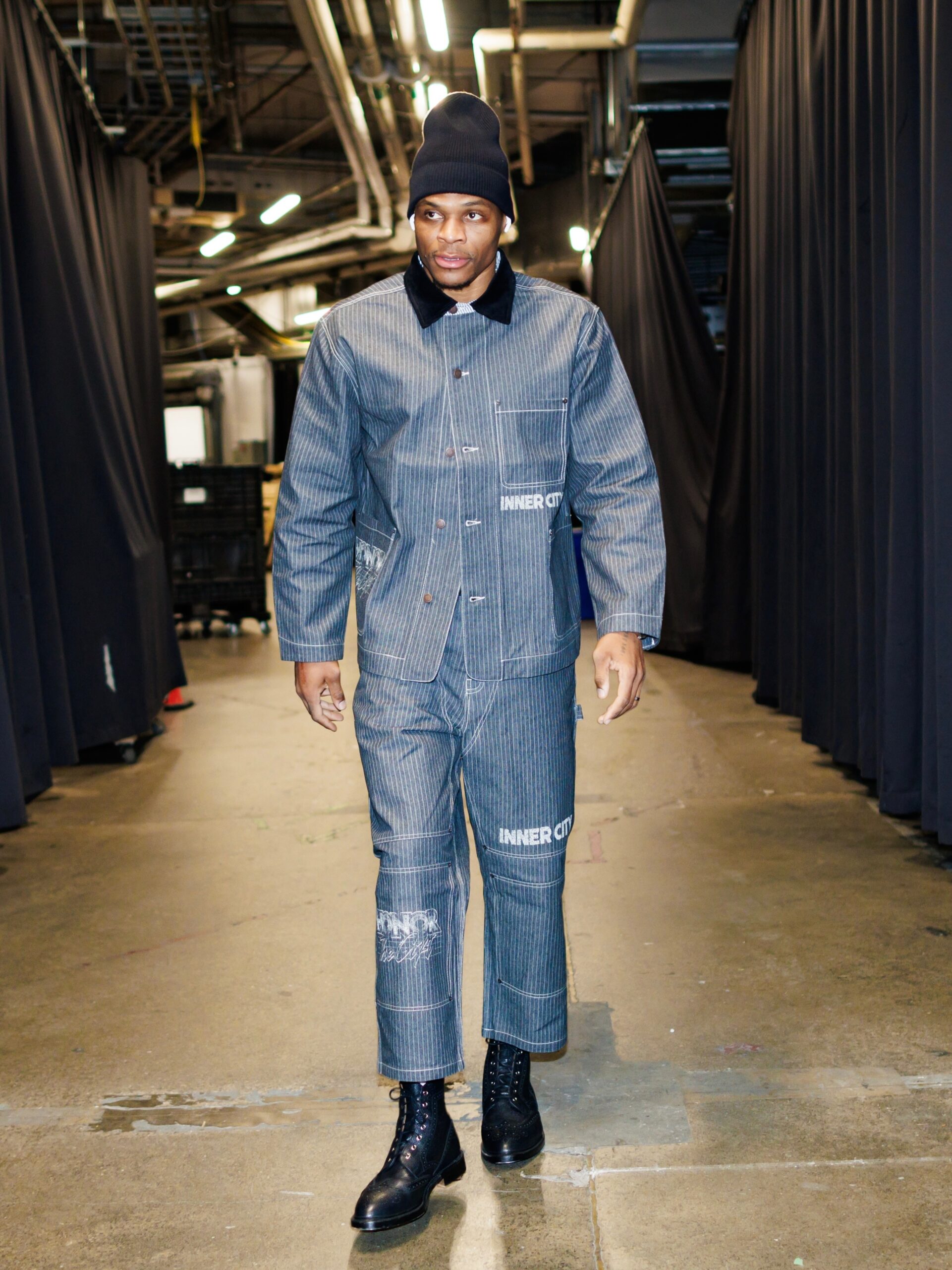 Russell Westbrook wearing Honor The Gift After hours shirt jacket Blue and white, Honor The Gift Logo-print cropped grey trousers and Thom Browne Wingtip.