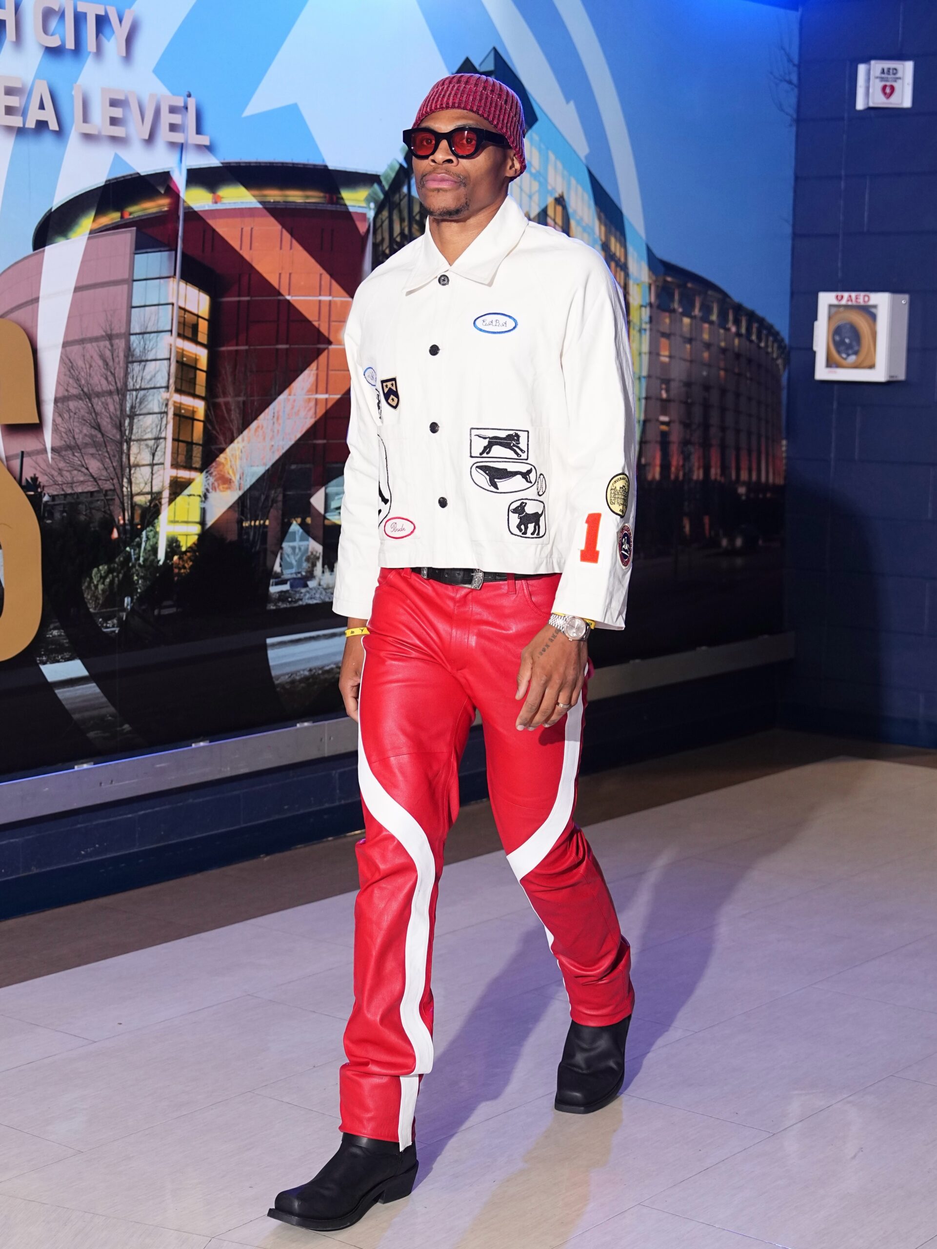 Russell Westbrook wearing Thierry Lasry Foxxxy Handcrafted Rectangular Sunglasses Red and Black, Bode Cambridge patch-applique cotton canvas white jacket and.