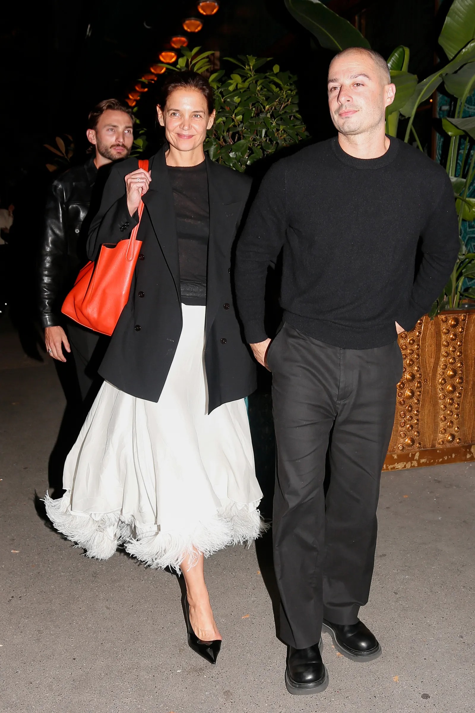 Katie Holmes wearing Camilla and Marc Mackinley double breasted blazer, Tove Renee feather-trimmed silk maxi skirt white and Jimmy Choo Brigitte 100 Black.
